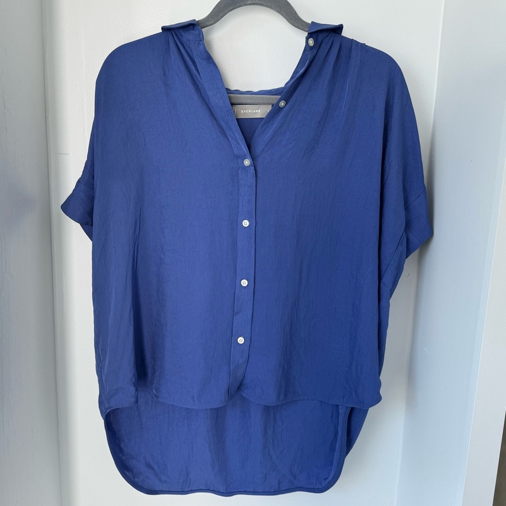 Everlane Clean Silk Short Sleeve Notch Shirt French Blue Size 2